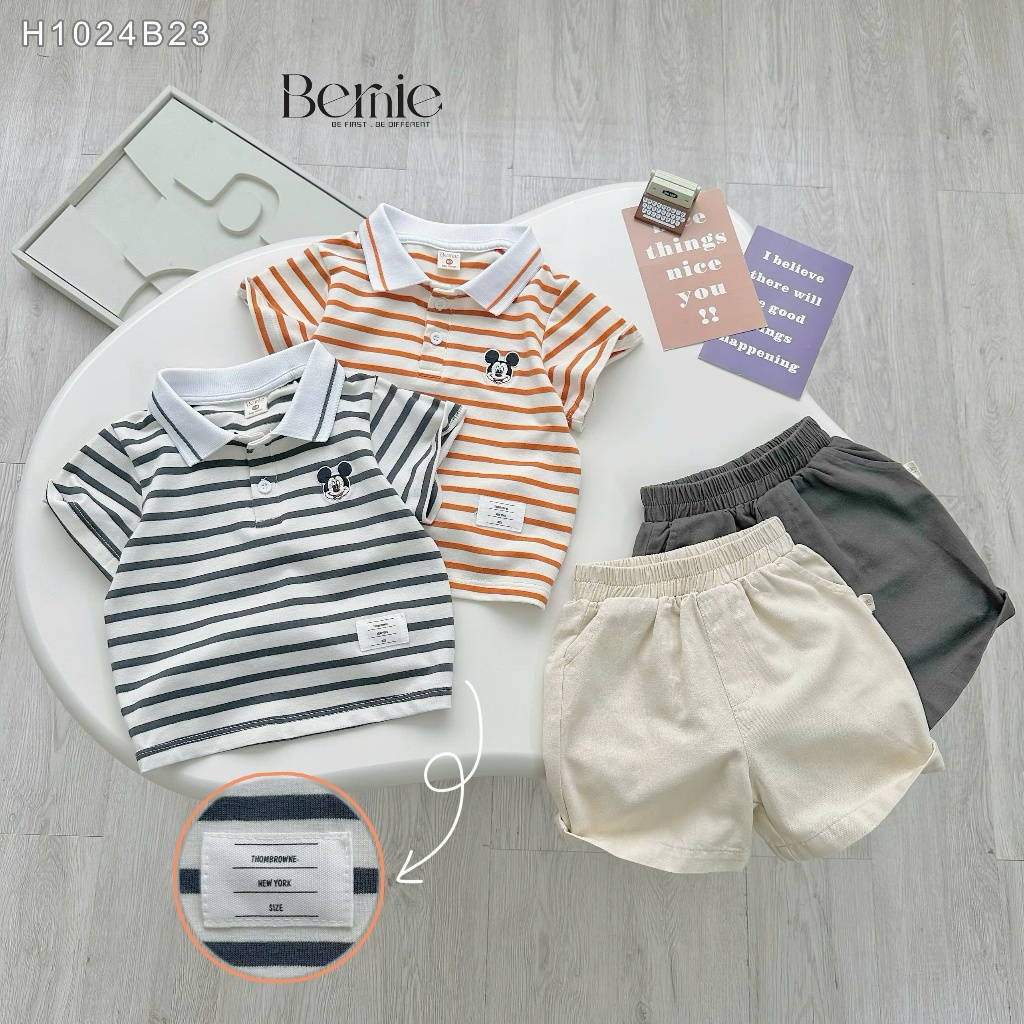 Bộ polo hoạ tiết kẻ ngang thêu gấuu phối quần kaki bé trai, set bộ thun đi chơi đi học cho bé H1024B23