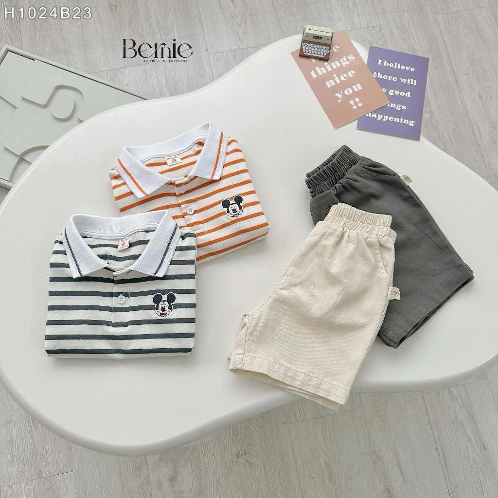 Bộ polo hoạ tiết kẻ ngang thêu gấuu phối quần kaki bé trai, set bộ thun đi chơi đi học cho bé H1024B23