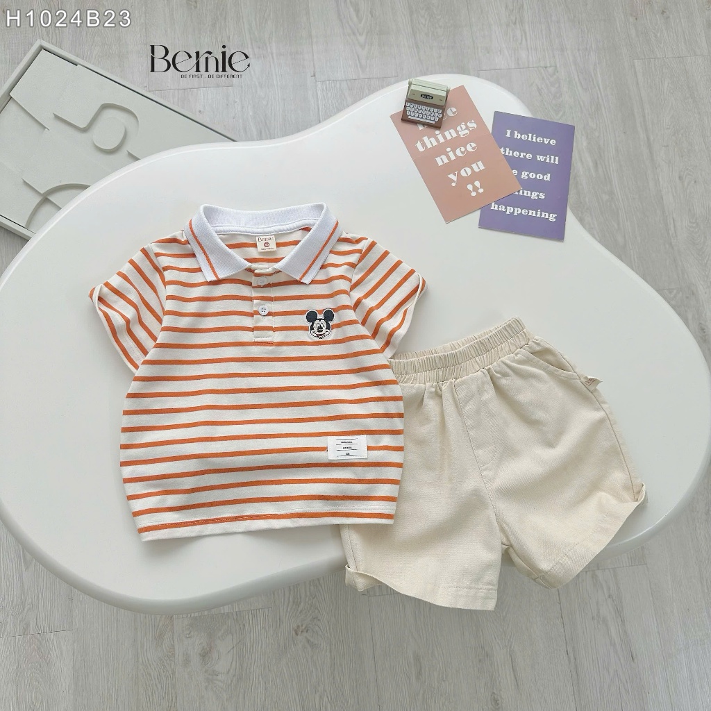 Bộ polo hoạ tiết kẻ ngang thêu gấuu phối quần kaki bé trai, set bộ thun đi chơi đi học cho bé H1024B23