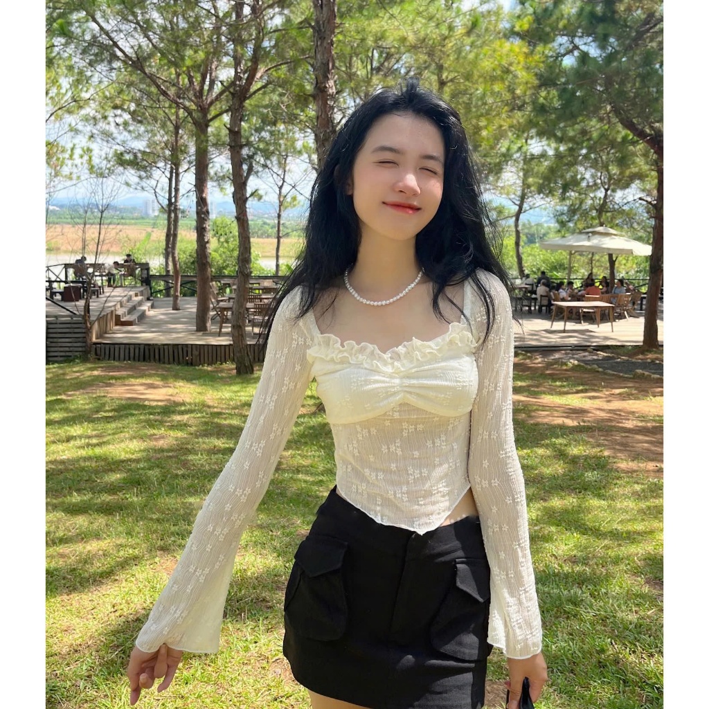 [ Video thực tế sp ] Áo ren nữ hoa nổi tay dài vạt nhọn, áo croptop tay dài A5905