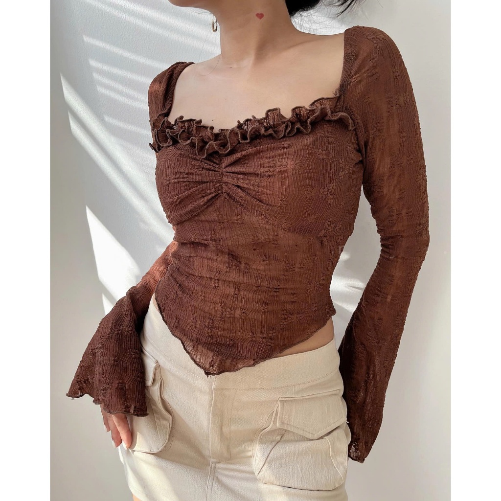 [ Video thực tế sp ] Áo ren nữ hoa nổi tay dài vạt nhọn, áo croptop tay dài A5905