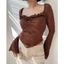 Áo ren nữ hoa nổi tay dài vạt nhọn, áo croptop tay dài A5905