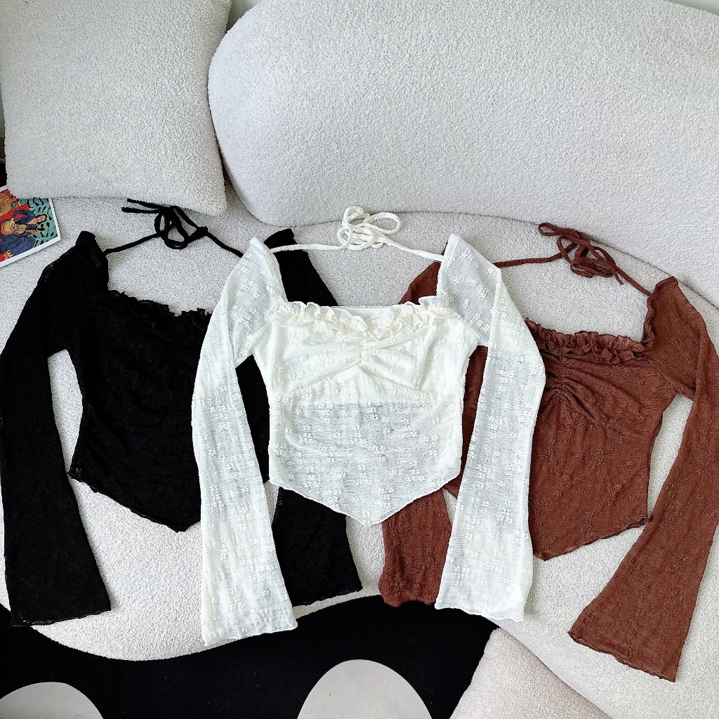 [ Video thực tế sp ] Áo ren nữ hoa nổi tay dài vạt nhọn, áo croptop tay dài A5905