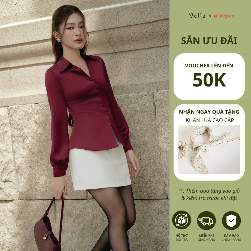 Áo sơ mi nữ dài tay công sở thanh lịch màu đỏ, màu đen Vella Fashion VA25098 VV24062