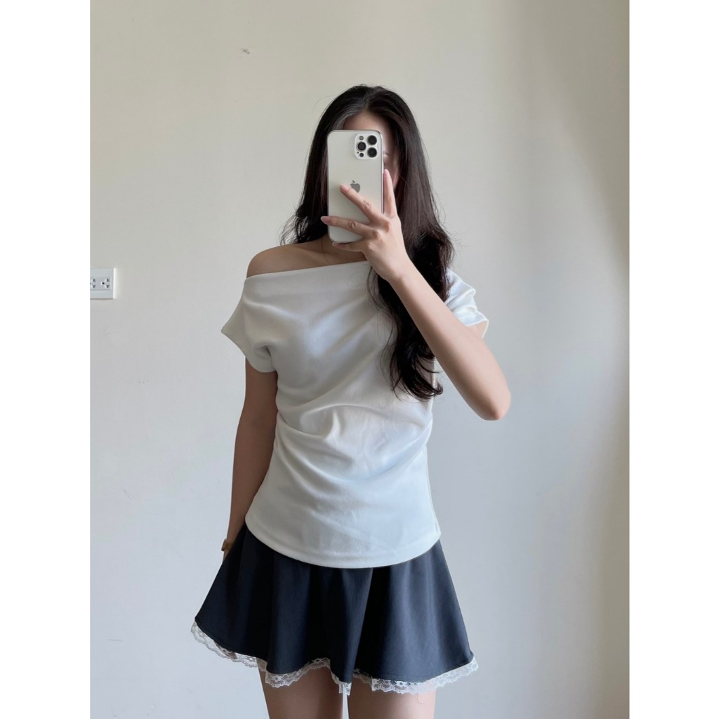 Áo Thun Lệch Vai Xếp Ly, Áo Kiểu  Sườn Nhún Eo Điệu Đà, Áo Phông Form Vừa Chất Vải Co Dãn Mềm Mịn Miho House