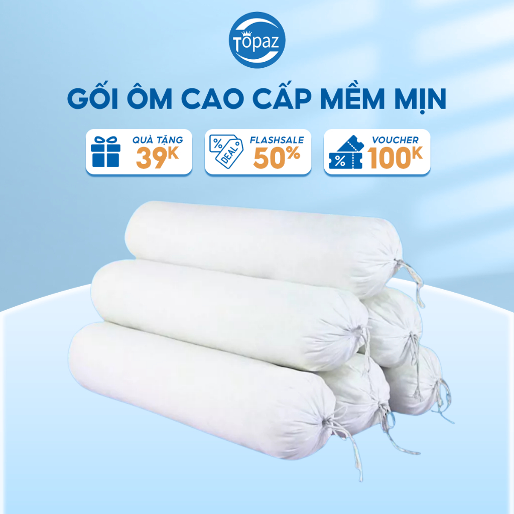 Gối Ôm Topaz Chính Hãng Cao Cấp Kích Cỡ 30cm X 95cm - Ruột Màu Trắng, Đàn Hồi Nhồi Bông Hạt Siêu Căng Có Dây Kéo