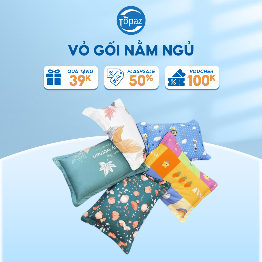 Vỏ gối nằm COTTON chính hãng TOPAZ kích cỡ 40 cm x 60 cm giao mẫu ngẫu nhiên siêu mềm mịn an toàn cho làn da của bạn
