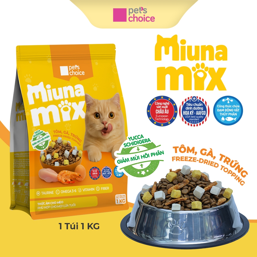 Hạt thức ăn cho mèo MIUNA mix 31% Protein với tôm, gà , lòng đỏ trứng cho mèo ở mọi lứa tuổi