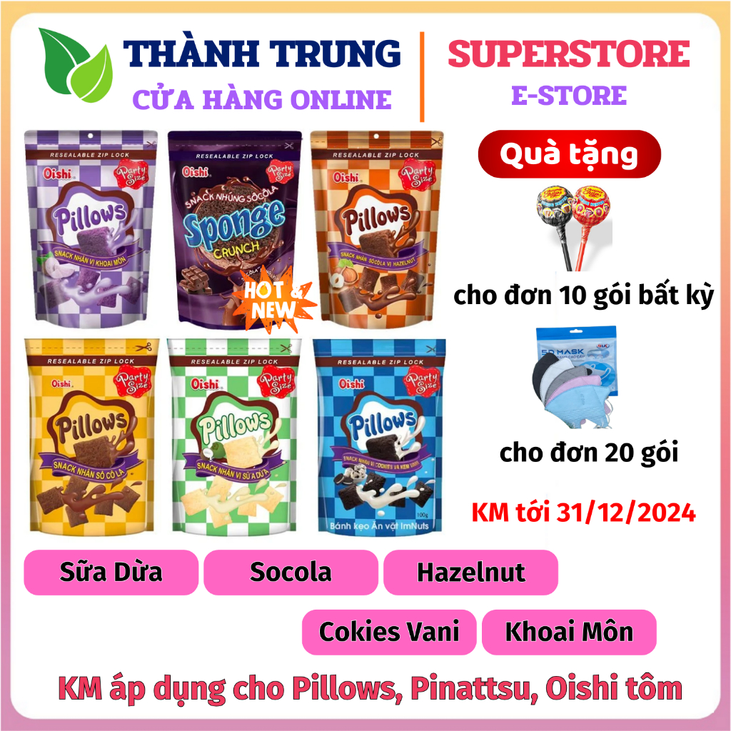 Combo 6 gói lớn 80g Snack nhân kem Pillows Oishi, nhân kem, vỏ bánh ...