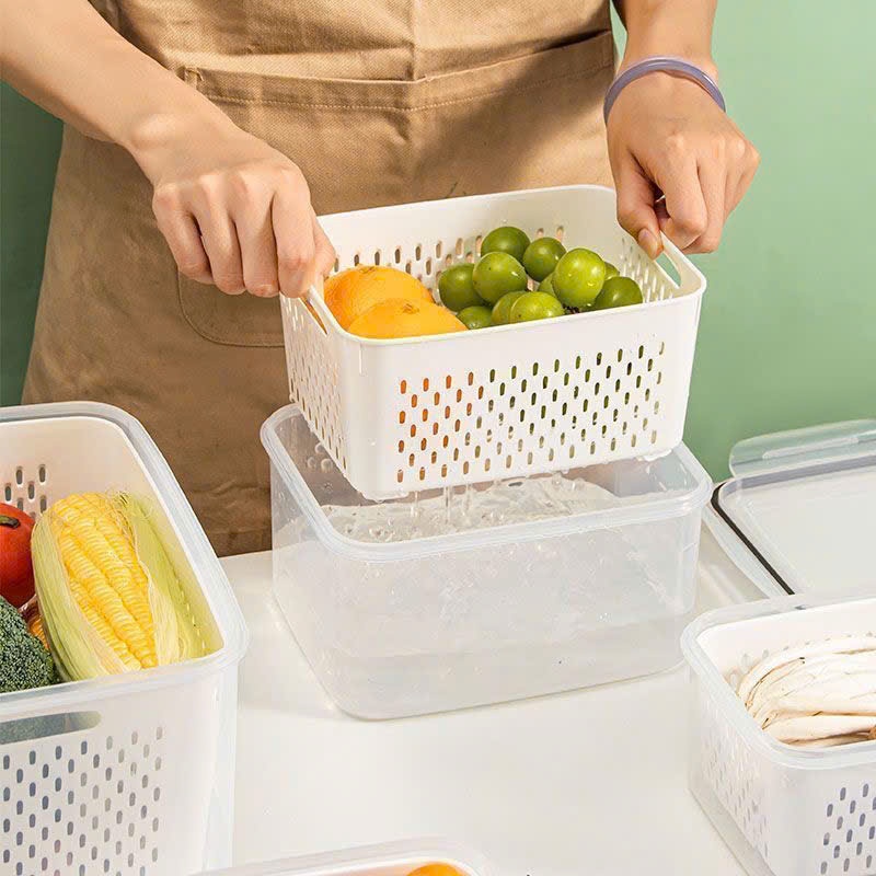 Hộp ĐựngThực Phẩm Rau Củ Trái Cây Có Nắp Đậy Kín, Hộp Nhựa Bảo Quản Thực Phẩm Kèm Rổ Thoát Nước