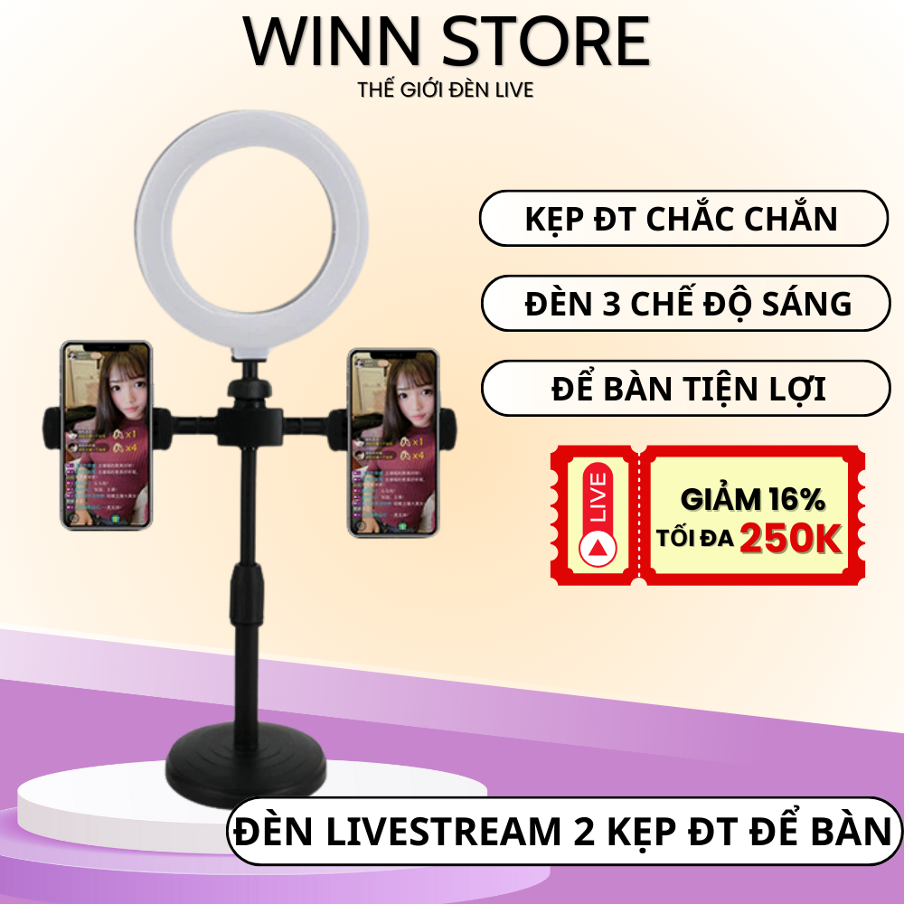Giá đỡ điện thoại,đèn livestream để bàn có 2 kẹp điện thoại, hỗ trợ ánh sáng, hỗ trợ Make Up, Bán Hàng