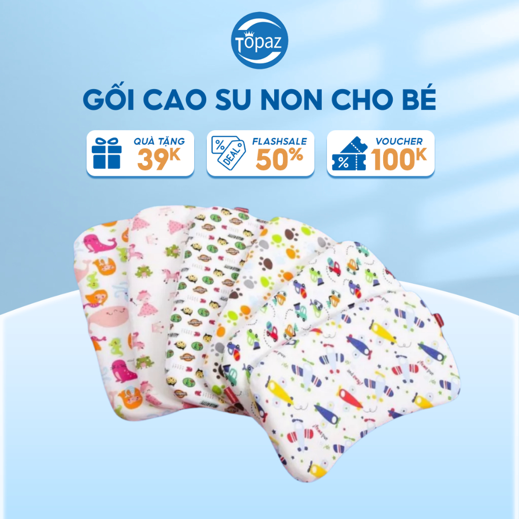 Gối cao su non cho bé chính hãng TOPAZ chống méo đầu cho trẻ sơ sinh kích cỡ 20 cm x 35 cm x 3 cm giao hình ngẫu nhiên