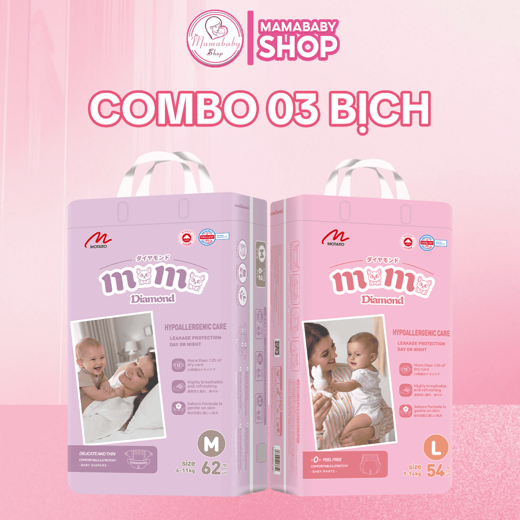 [Combo 3 Bịch] Bỉm/Tã Dán, Quần MOMO DIAMOND Chính Hãng, Thấm Hút 1200ml - Full Size