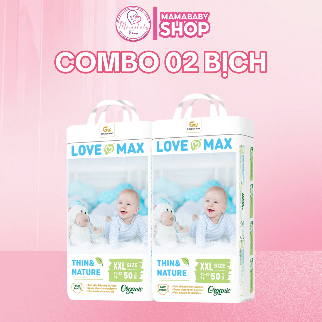 [COMBO 2 BỊCH] Tã Dán, Bỉm Quần Love Max Organic 100 Miếng Thấm Hút 1000ml Đủ Size NB-5XL Cho Bé