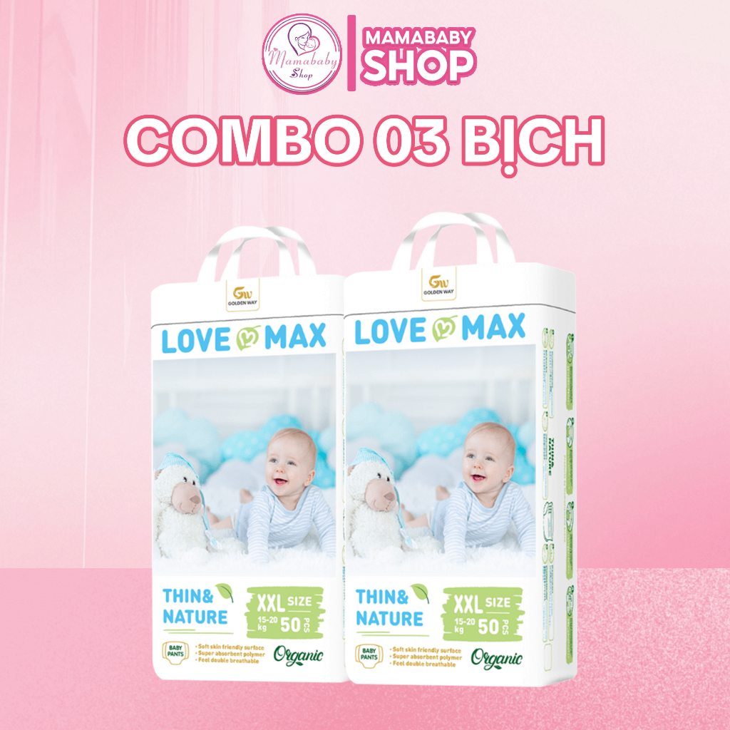 [COMBO 3 BỊCH] Tã Dán, Bỉm Quần Love Max Organic 100 Miếng Thấm Hút 1000ml Có Đủ Size Cho Bé