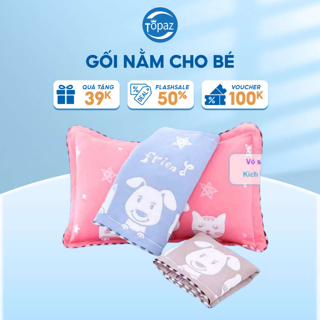 Gối bông cho bé 100% cotton chính hãng TOPAZ kích cỡ 30 x 50 siêu đáng yêu mềm mịn êm ái dành cho bé yêu