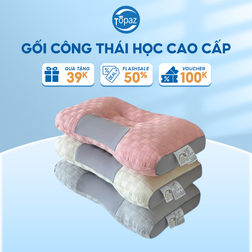 Gối Công Thái Học Cao Cấp TOPAZ BEDDING Nhập Khẩu Hỗ Trợ Ngủ Ngon Giảm Đau Cổ Vai Gáy