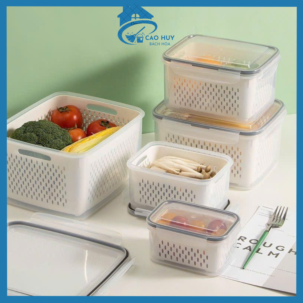 Hộp ĐựngThực Phẩm Rau Củ Trái Cây Có Nắp Đậy Kín, Hộp Nhựa Bảo Quản Thực Phẩm Kèm Rổ Thoát Nước