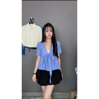 [KÈM ÁO QUÂY] Áo babydoll cổ tròn tay Ngắn thắt dây nơ nhẹ nhàng xinh xắn chất thô hàn loại đẹp