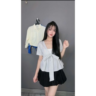 [KÈM ÁO QUÂY] Áo babydoll cổ tròn tay Ngắn thắt dây nơ nhẹ nhàng xinh xắn chất thô hàn loại đẹp