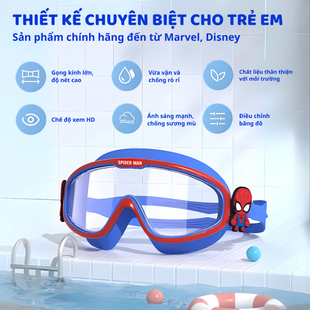Kính Bơi Trẻ Em Spider Man Frozen Marvel Disney Chính Hãng Chống UV Chống Sương Mù Cho Bé