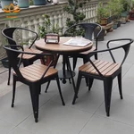 Bộ bàn ghế sân vườn ngoài trời khung thép cacbon phun sơn tĩnh điện mặt gỗ sồi cao cấp, Bàn ghế ban công decor nhà đẹp — ảnh 3