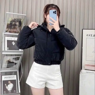 Áo Phao Nữ Béo Nhung Lỳ TRơn CÓ MŨ To Rộng Cúc Bấm 2 Túi Chun Gấu