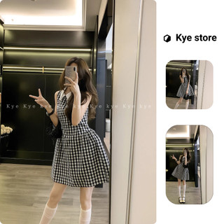 Đầm thiết kế KYE Ruby màu đen, váy kẻ caro cổ sơ mi