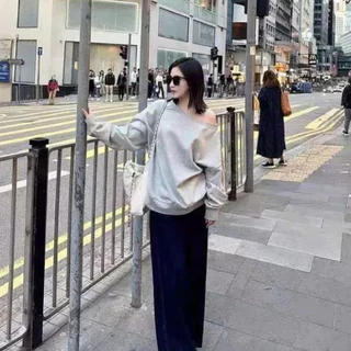 Áo Lệch Vai Nữ Form Rộng, Áo Nỉ Sweater Trễ Vai Nữ Basic Thu Đông Chất Vải Dày Dặn Trẻ Trung Phong Cách Hàn