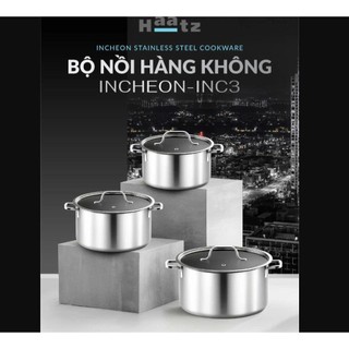 Bộ nồi inox 304 liền khối hàng không Haatz Incheon INC3 3 size, đáy 5 lớp dẫn nhiệt nhanh, bền đẹp