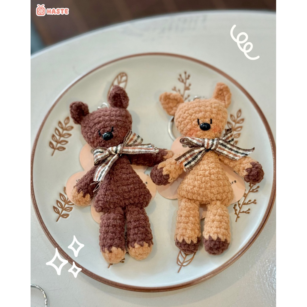 Móc Khóa Len Nhung Gấu Teddy Mr Bean Đeo Nơ Dễ Thương Handmade - Phụ Kiện Kawaii, Quà Tặng Độc Đáo