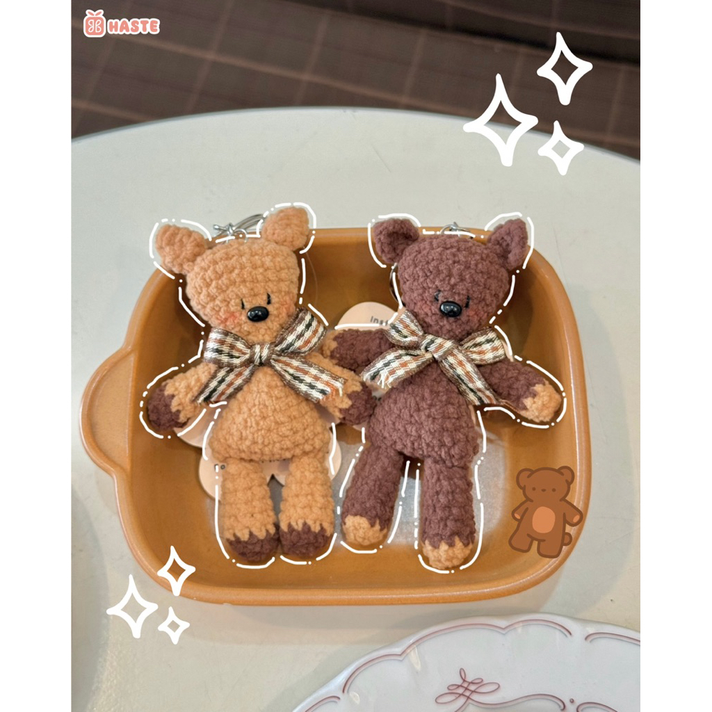 Móc Khóa Len Nhung Gấu Teddy Mr Bean Đeo Nơ Dễ Thương Handmade - Phụ Kiện Kawaii, Quà Tặng Độc Đáo