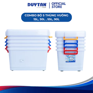 Combo 5 thùng nhựa vuông Duy Tân, dung tích 15L, 30L, 55L, 90L, nhựa PP - Đựng đồ, đựng thực phẩm