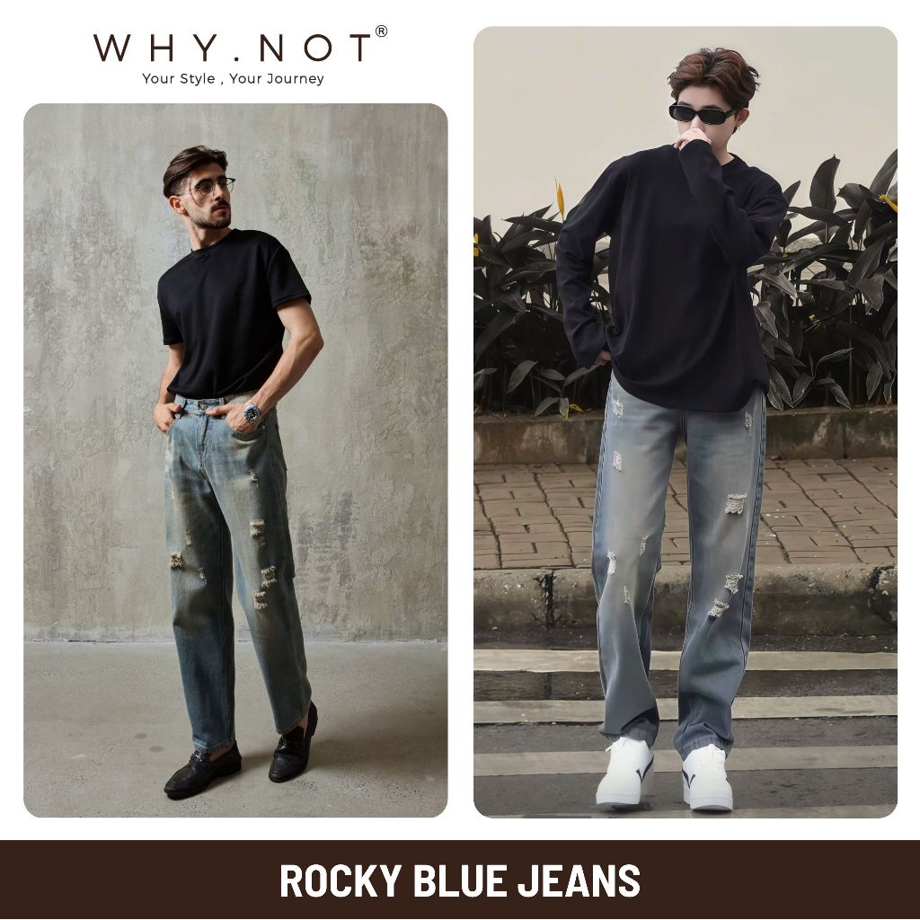 [CÓ BIGSIZE] -  Quần Jeans Nam WHY.NOT ROCKY BLUE Jean Ống Suông Rộng Form Regular Fit Màu Xanh, Ghi