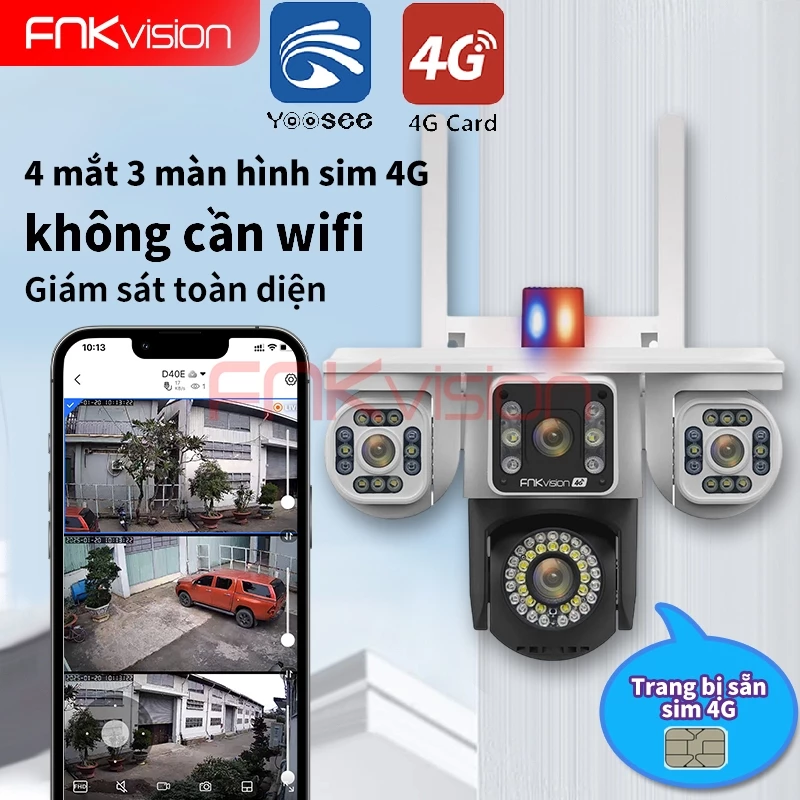 Fnkvision 3 mắt 18MP D38Z/4G ,Yoosee Camera năng lượng mặt trời 4G xoay chuyển Tiền điện 365 ngày 0 đồng quan sát 360