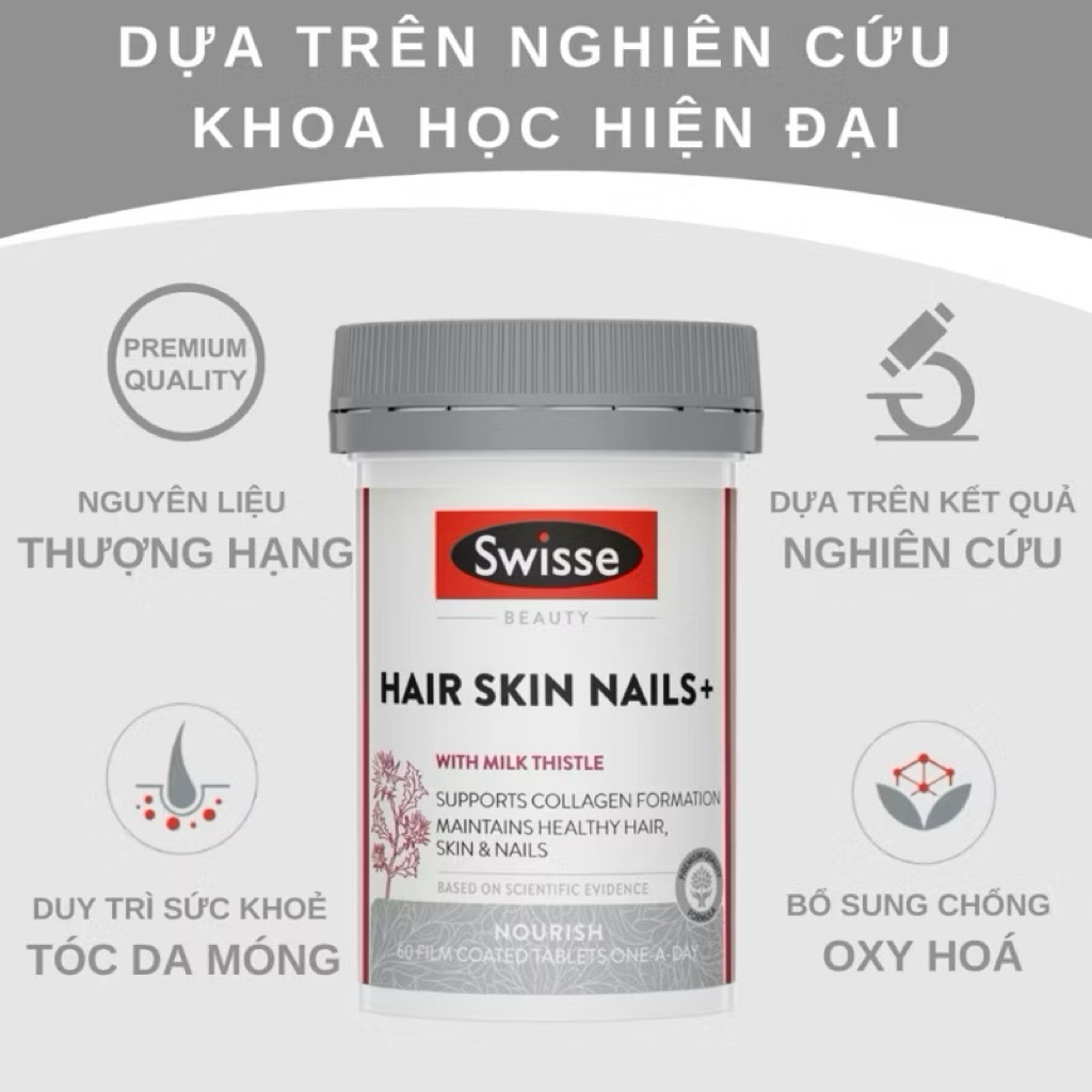 (Bill Úc) Swisse Beauty Hair Skin Nails+ - Viên Uống Đẹp Tóc Da Móng