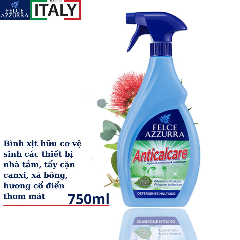 Bình xịt tẩy cặn canxi thiết bị inox, men sứ hương nước hoa nhà tắm Felce Azzurra - 750ml - NK Ý