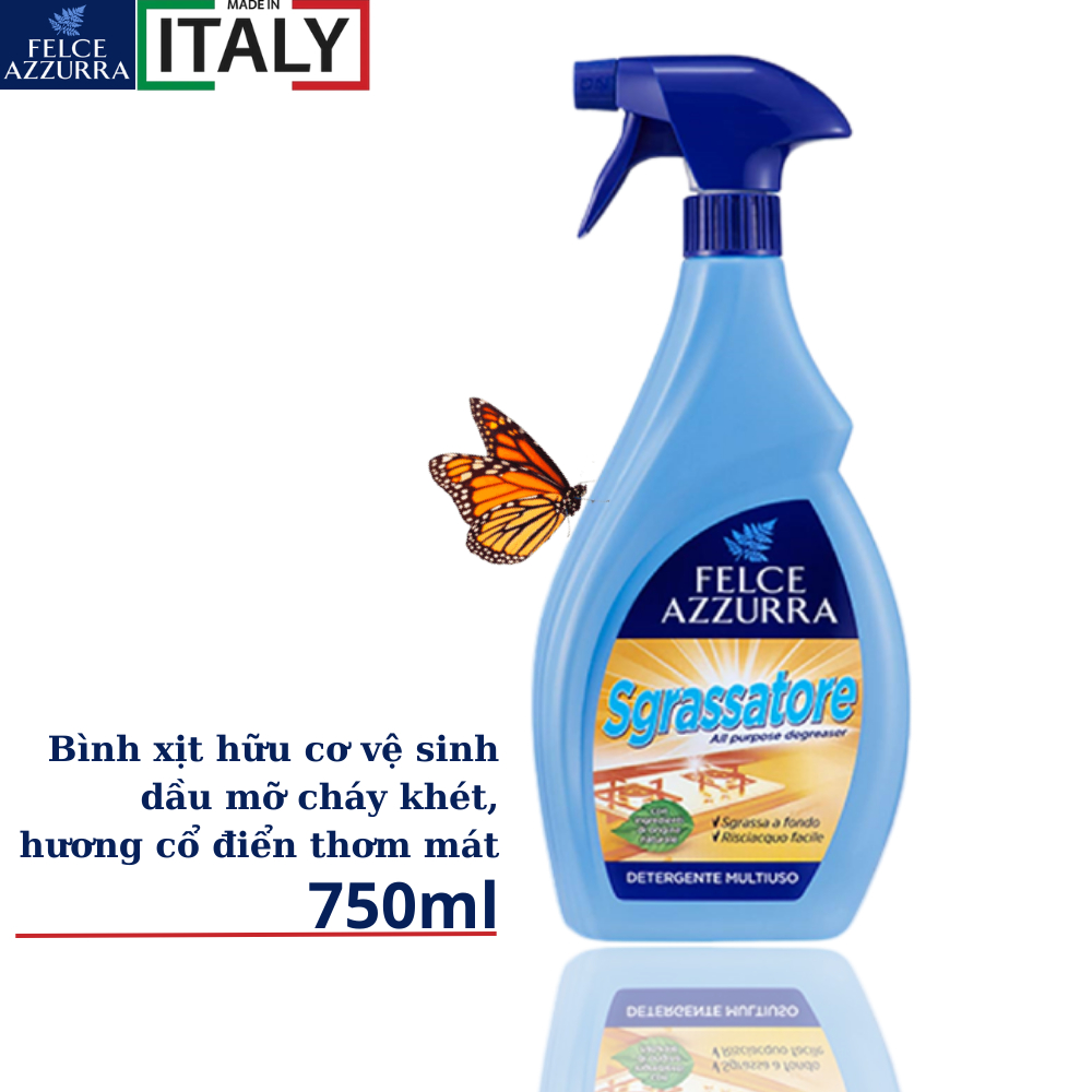 Bình xịt tẩy dầu mỡ cháy khét hương cổ điển Ý - Felce Azzurra - 750ml - NK Ý