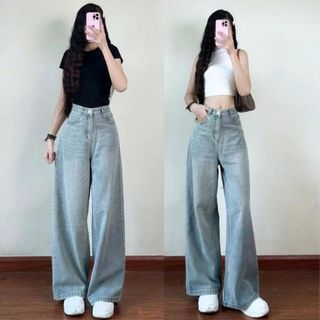 Quần Jean Ống Rộng, Quần Bò Ống Suông Cạp Cao Màu Wash Retro 247store