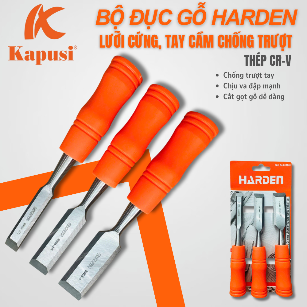 Bộ Đục Gỗ 3 Chi Tiết HARDEN 611001 – Lưỡi Thép Chrome Vanadium Cứng – Tay Cầm Chống Trượt Cao Cấp