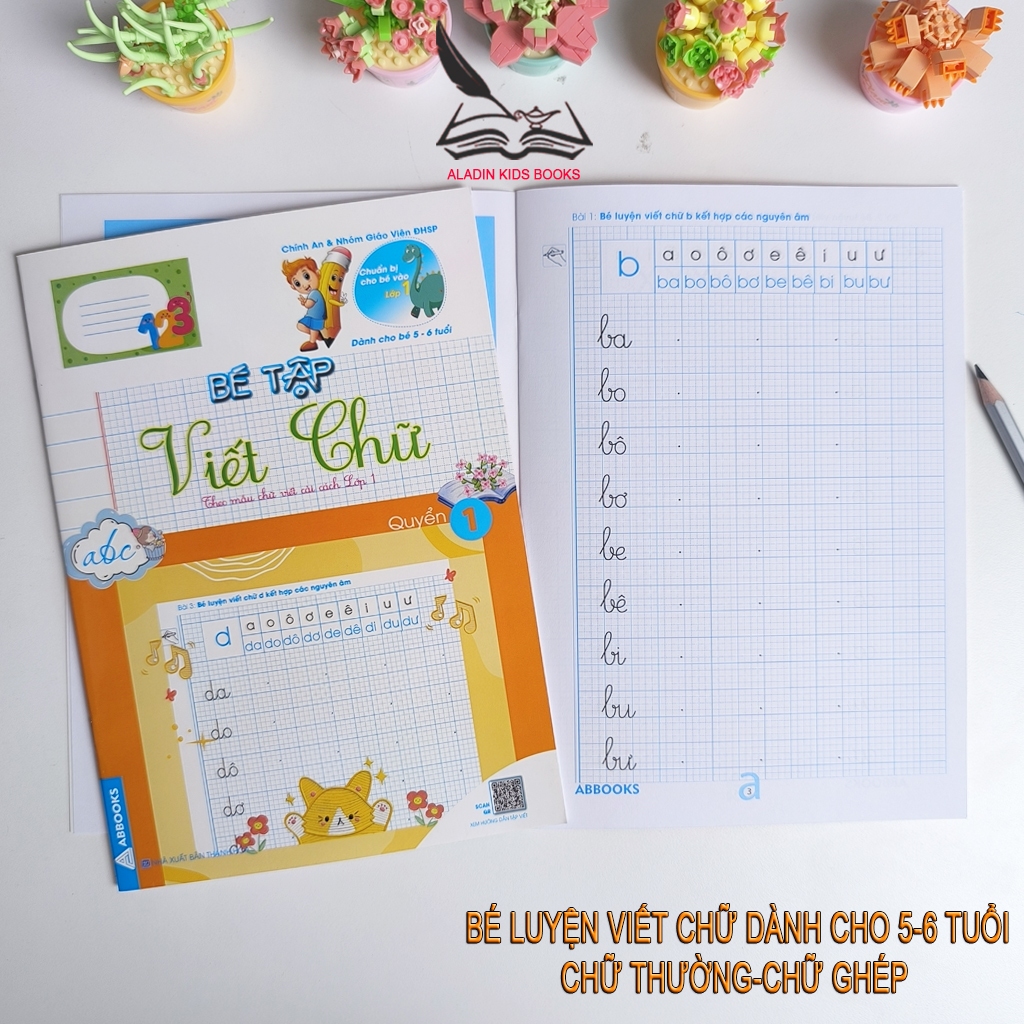 Sách-  Bé Tập Viết Chữ Quyển 1 - Quyển 2-  Chữ Ghép- Chữ Thường Dành Cho Bé 5-6 Tuổi