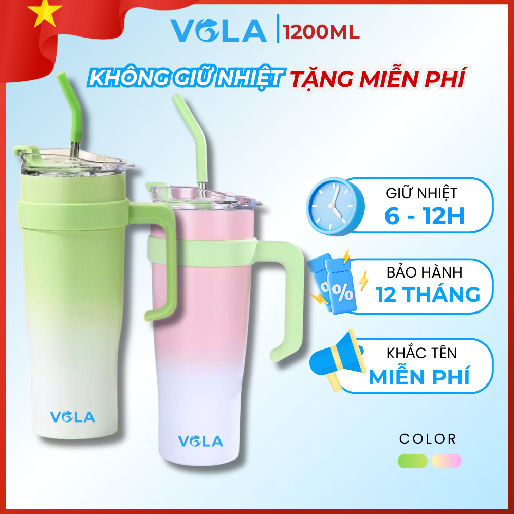 Ly giữ nhiệt VOLA 1200ml inox 304 cao cấp, Cốc giữ nhiệt khắc tên miễn phí có sẵn quai cầm