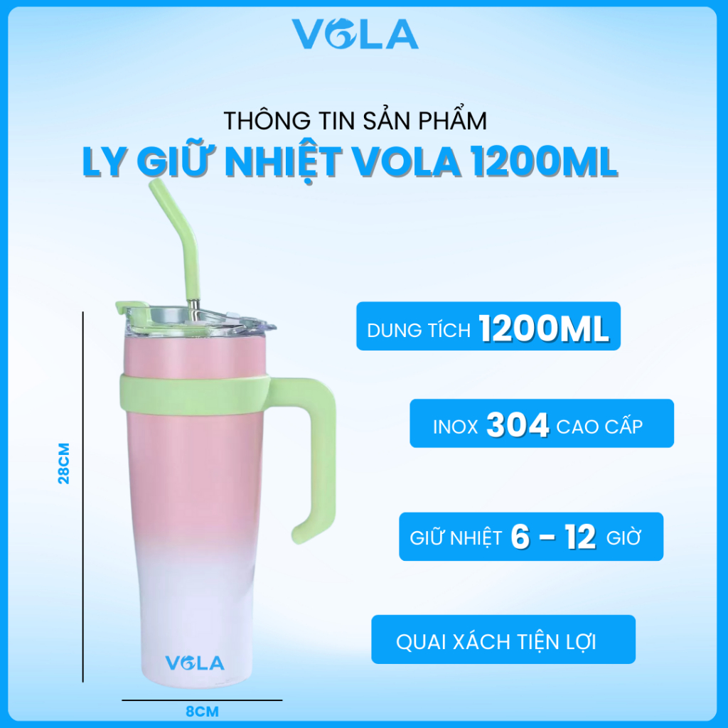 Ly giữ nhiệt VOLA 1200ml inox 304 cao cấp, Cốc giữ nhiệt khắc tên miễn phí có sẵn quai cầm