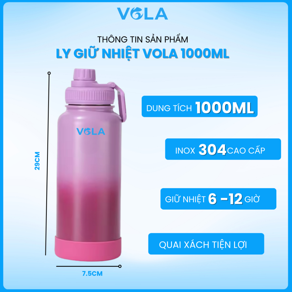 Bình giữ nhiệt VOLA 1000ml inox 304 cao cấp, Bình giữ nhiệt 1 lít có quai xách tiện lợi