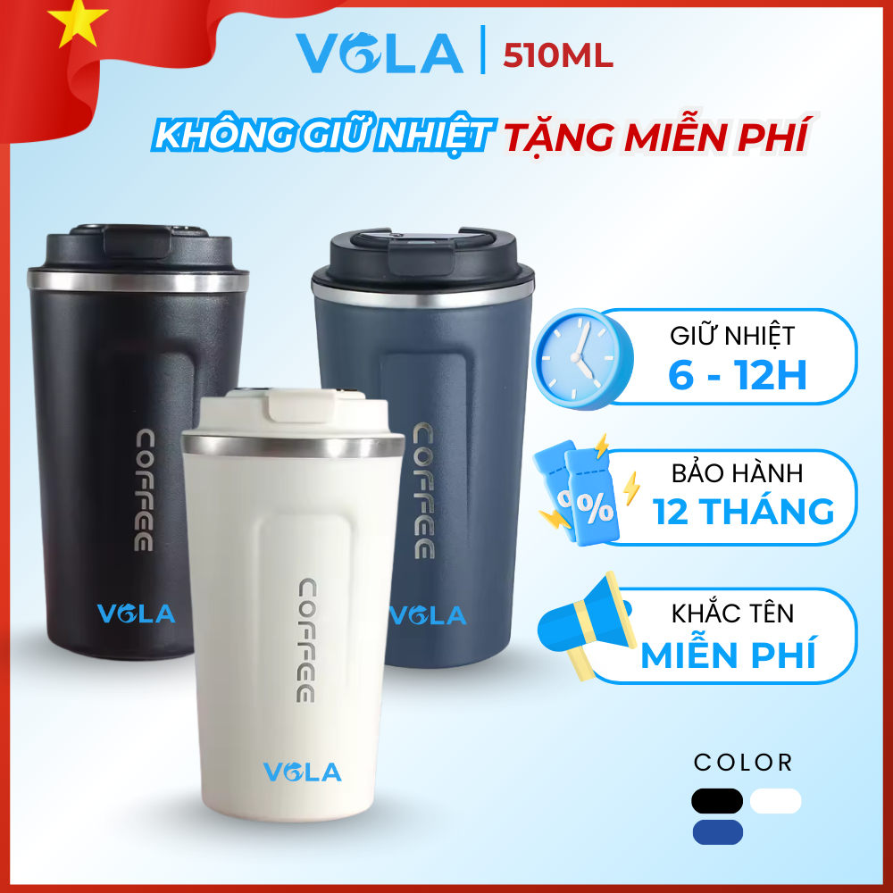 Ly giữ nhiệt VOLA 510ml inox 304, Cốc giữ nhiệt nhỏ gọn tiện lợi khắc tên miễn phí