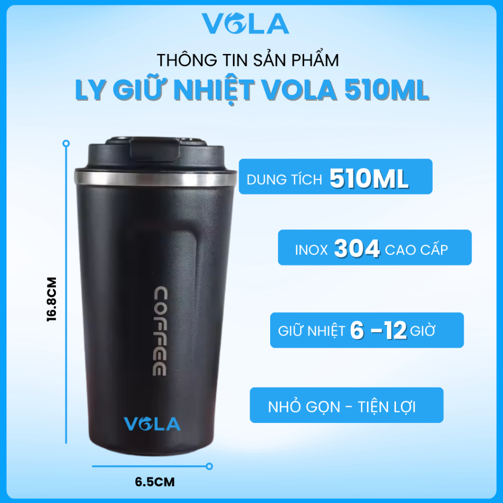 Ly giữ nhiệt VOLA 510ml inox 304, Cốc giữ nhiệt nhỏ gọn tiện lợi khắc tên miễn phí