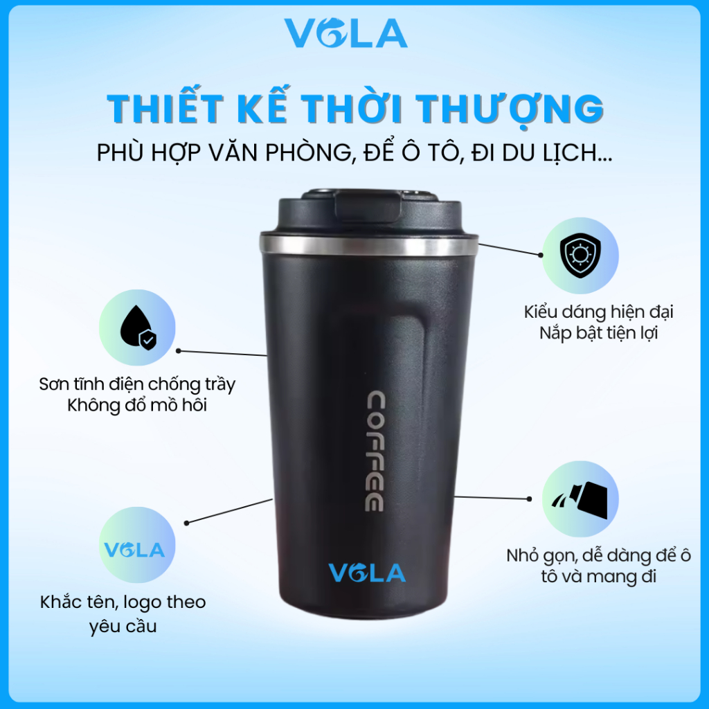 Ly giữ nhiệt VOLA 510ml inox 304, Cốc giữ nhiệt nhỏ gọn tiện lợi khắc tên miễn phí