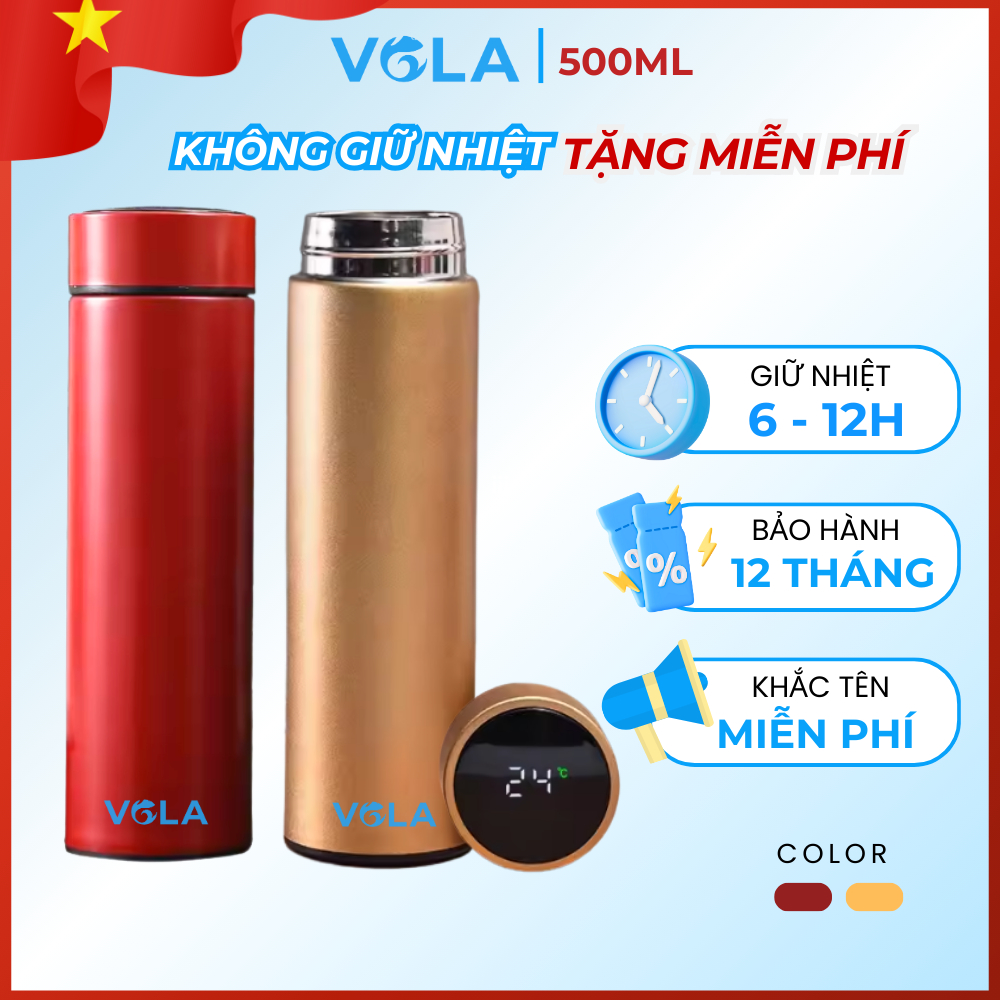 Bình giữ nhiệt VOLA 500ml inox 304, Bình giữ nhiệt khắc tên miễn phí có đồng hồ nhiệt độ