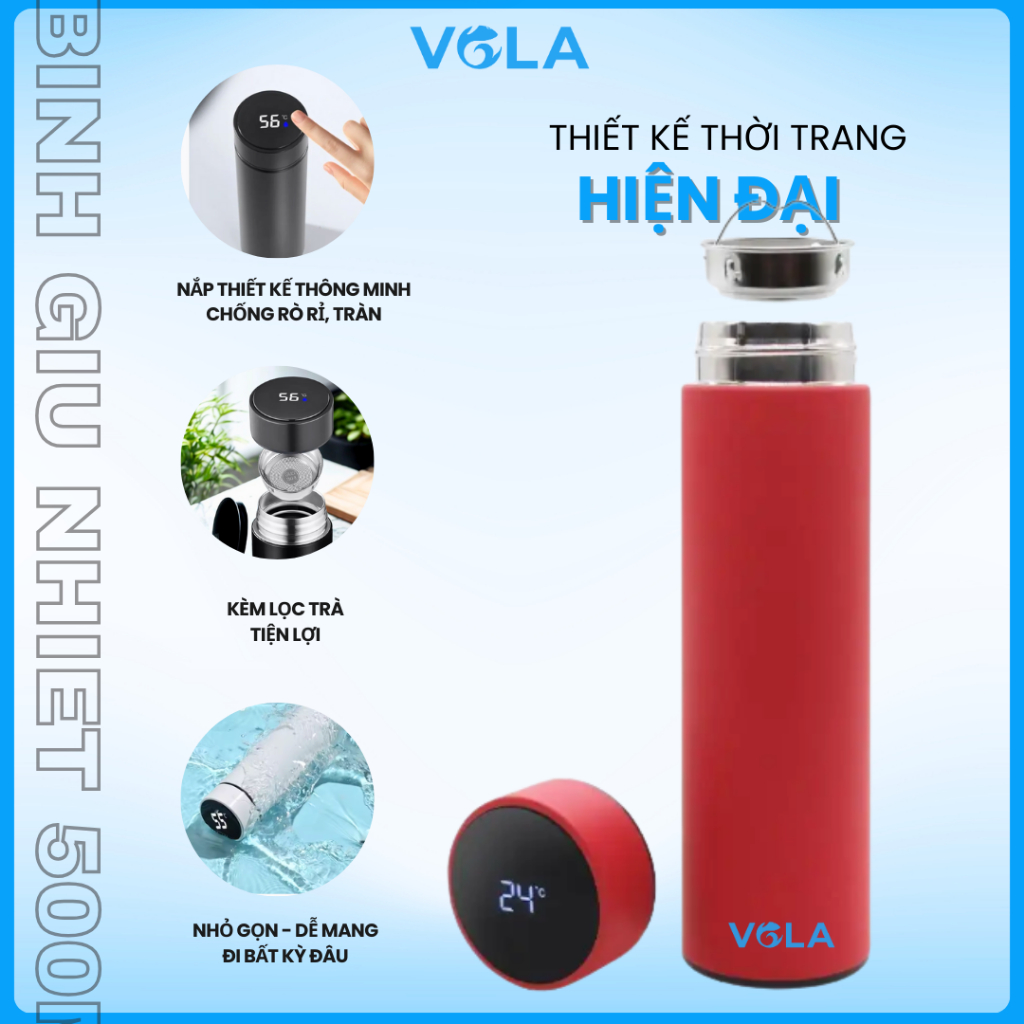 Bình giữ nhiệt VOLA 500ml inox 304, Bình giữ nhiệt khắc tên miễn phí có đồng hồ nhiệt độ