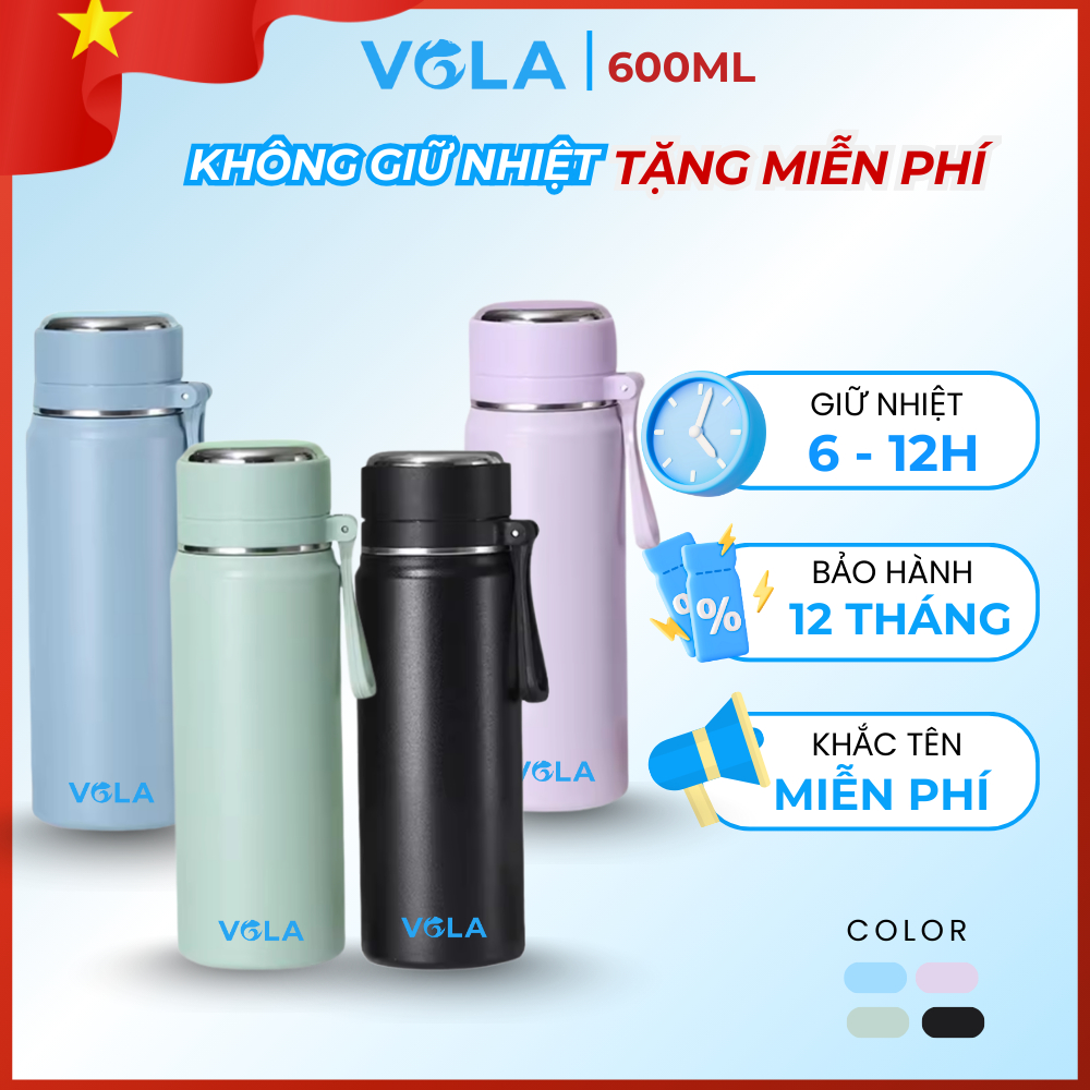 Ly giữ nhiệt inox 316 VOLA 600ml cao cấp, Bình giữ nhiệt khắc tên miễn phí có lọc trà
